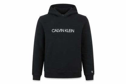 Front view of Calvin Klein boys’ black hoodie logo pullover 16 years