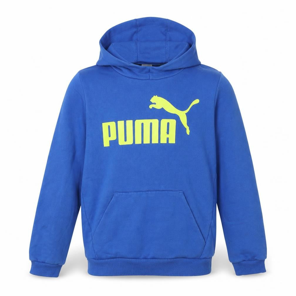Front view of Puma boys’ blue hoodie pullover, size 14, graphic design