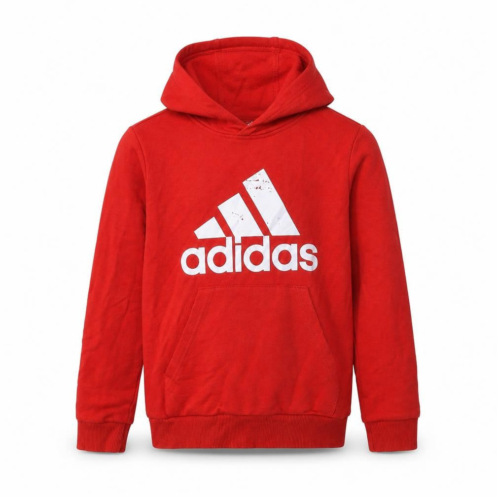 Front view of Adidas boys’' red pullover hoodie, 9-10 years, graphic logo
