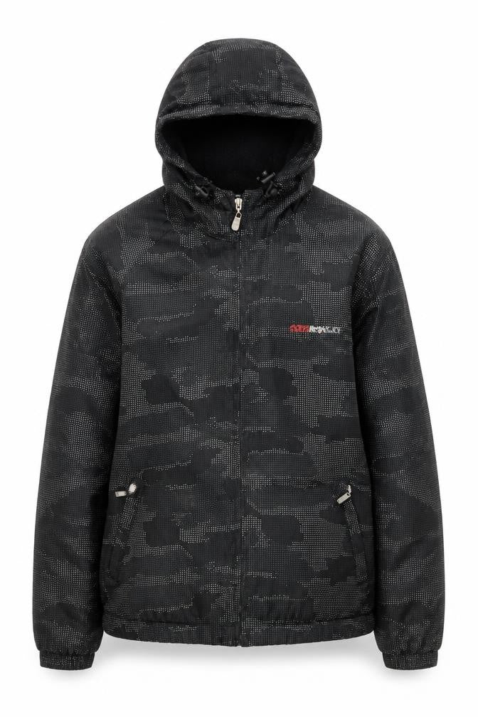 Front view of Air Max Ltd boys’ black hooded camouflage jacket m