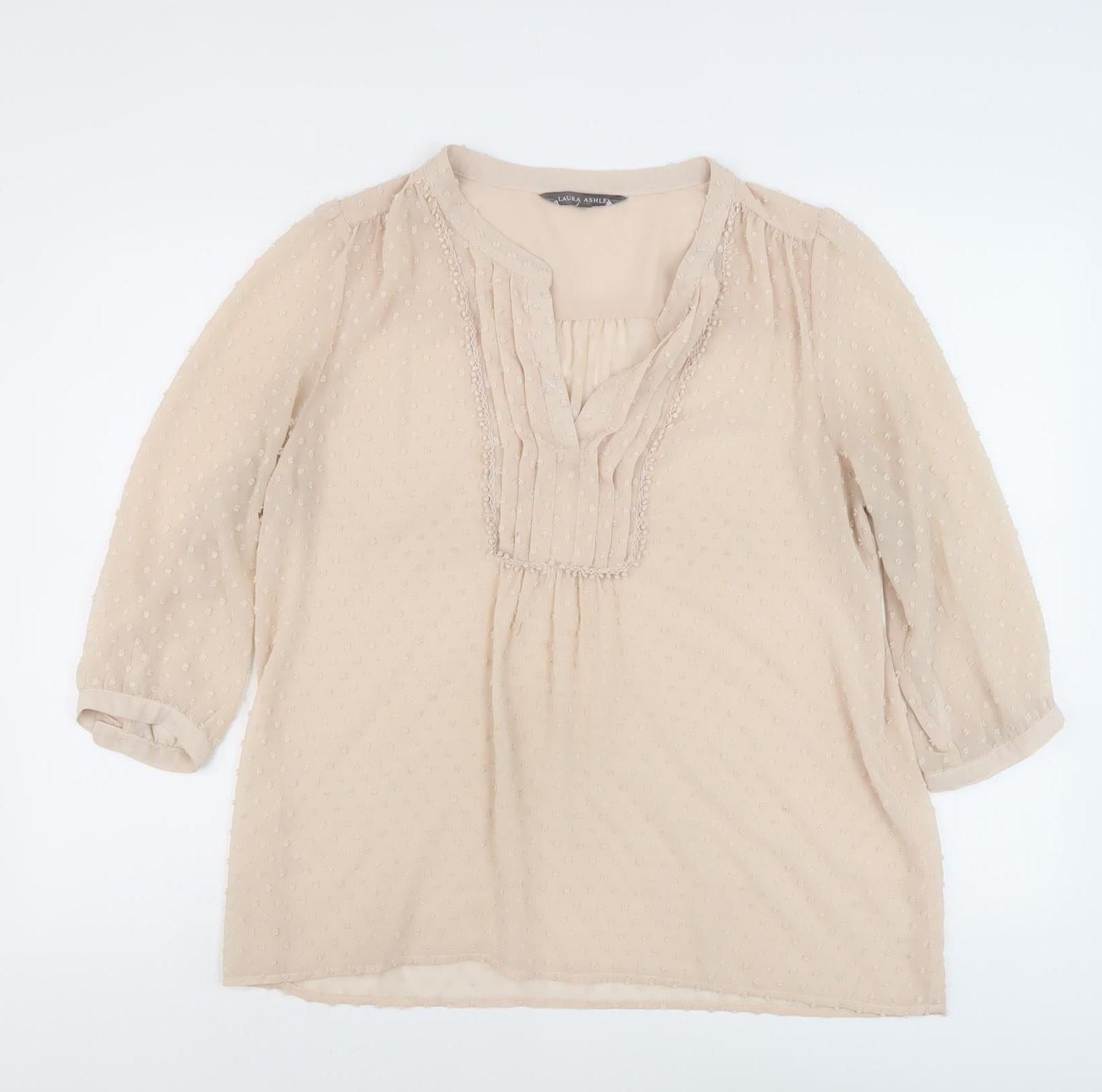 Laura Ashley Beige Blouse Women UK 14 V-Neck 3/4 Sleeve
