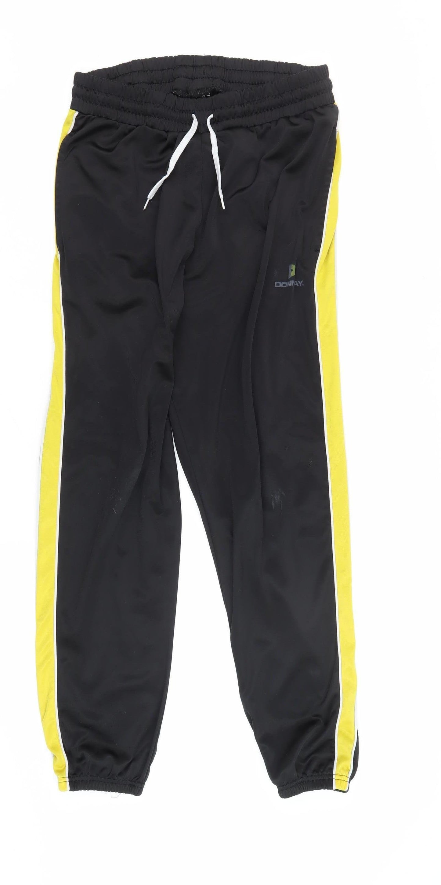 Men's Black Track Pants with Yellow Stripe, Size L