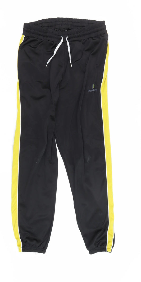 Men's Black Track Pants with Yellow Stripe, Size L