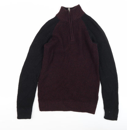 Aéropostale Men's Full Zip Jumper Black Burgundy S