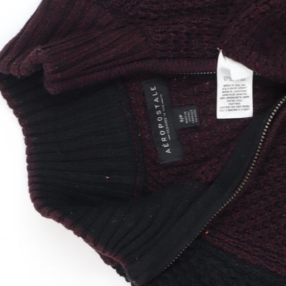 Aéropostale Men's Full Zip Jumper Black Burgundy S