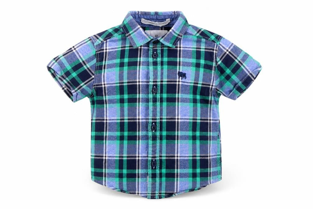 Front view of Junior J boys’ multicoloured plaid button-up shirt 12-18 months