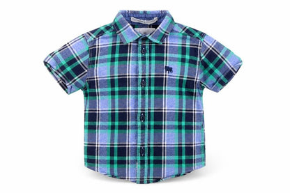 Front view of Junior J boys’ multicoloured plaid button-up shirt 12-18 months