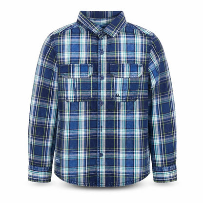 Front view of Mantaray boys’ blue plaid button-up shirt - 7 years