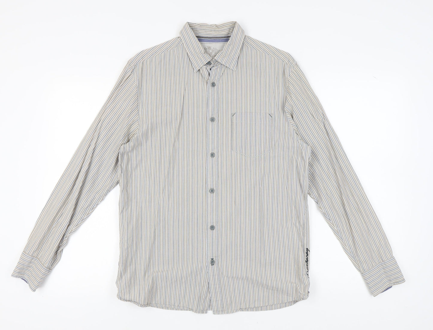 Manuary Men's Beige Striped Button-Up Shirt Small