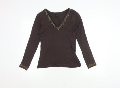 East Brown Embroidered V-Neck Long Sleeve Top S