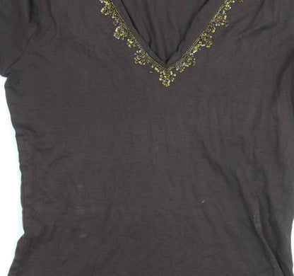 East Brown Embroidered V-Neck Long Sleeve Top S