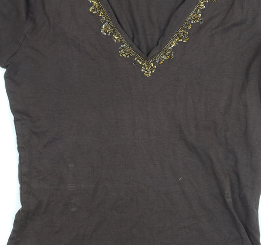 East Brown Embroidered V-Neck Long Sleeve Top S
