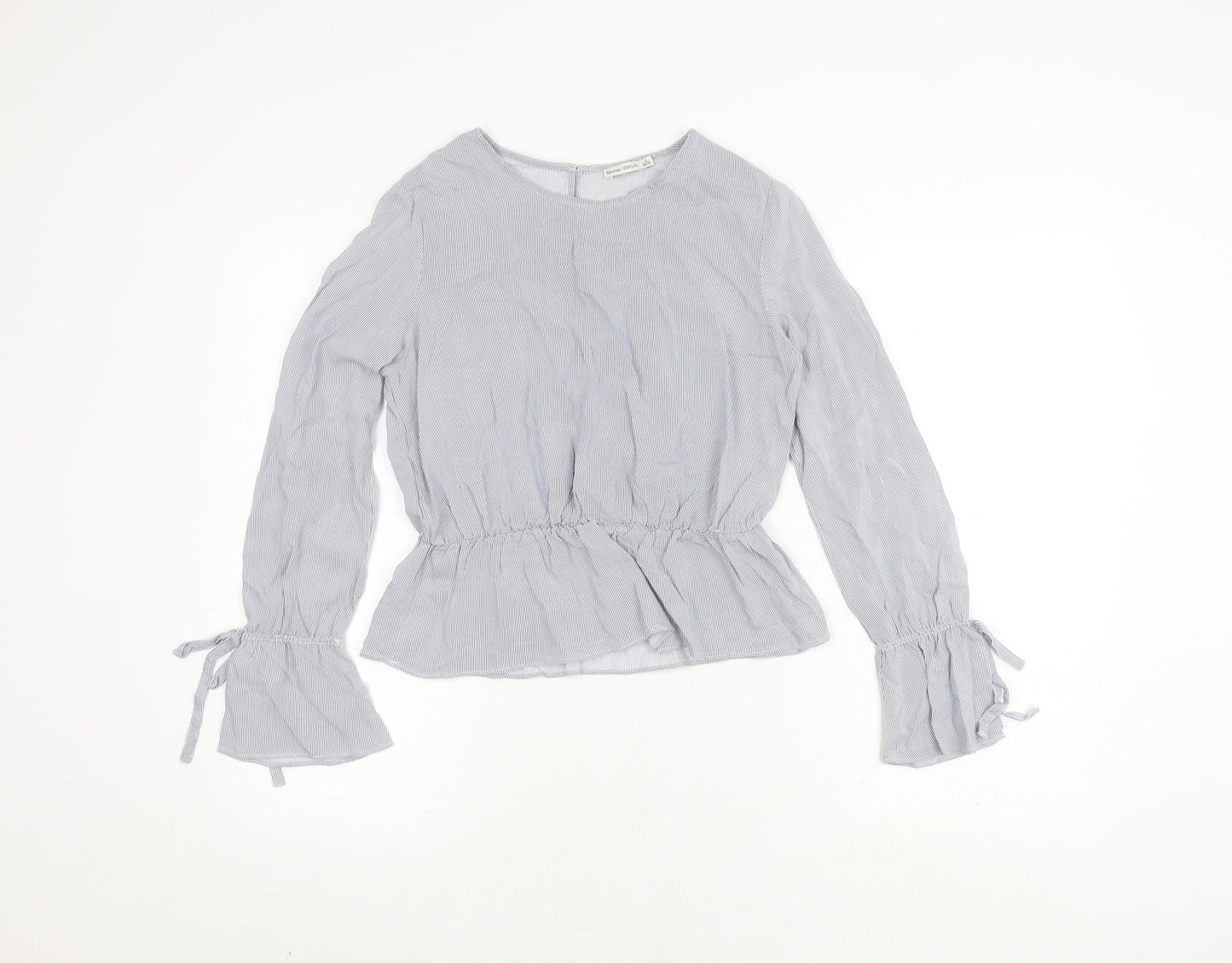 Bershka Women's Grey Striped Blouse, Size S, Flared Sleeve
