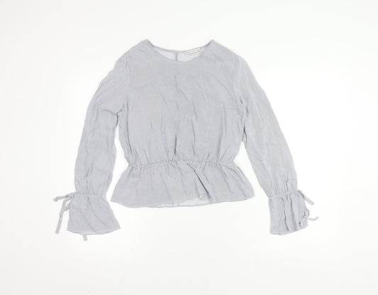 Bershka Women's Grey Striped Blouse, Size S, Flared Sleeve