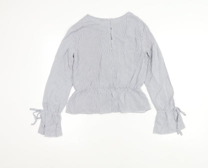 Bershka Women's Grey Striped Blouse, Size S, Flared Sleeve