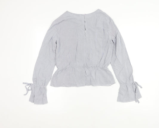 Bershka Women's Grey Striped Blouse, Size S, Flared Sleeve