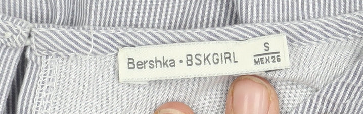Bershka Women's Grey Striped Blouse, Size S, Flared Sleeve