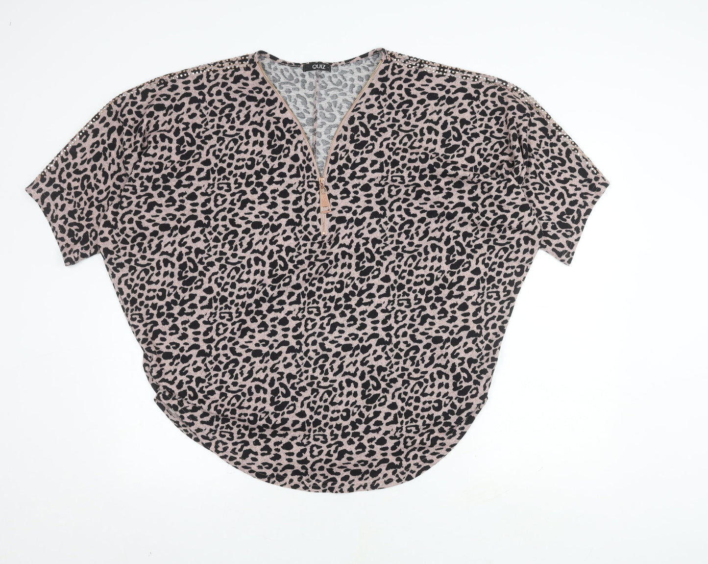 Quiz Women's Black Animal Print Short Sleeve Top L