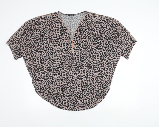 Quiz Women's Black Animal Print Short Sleeve Top L