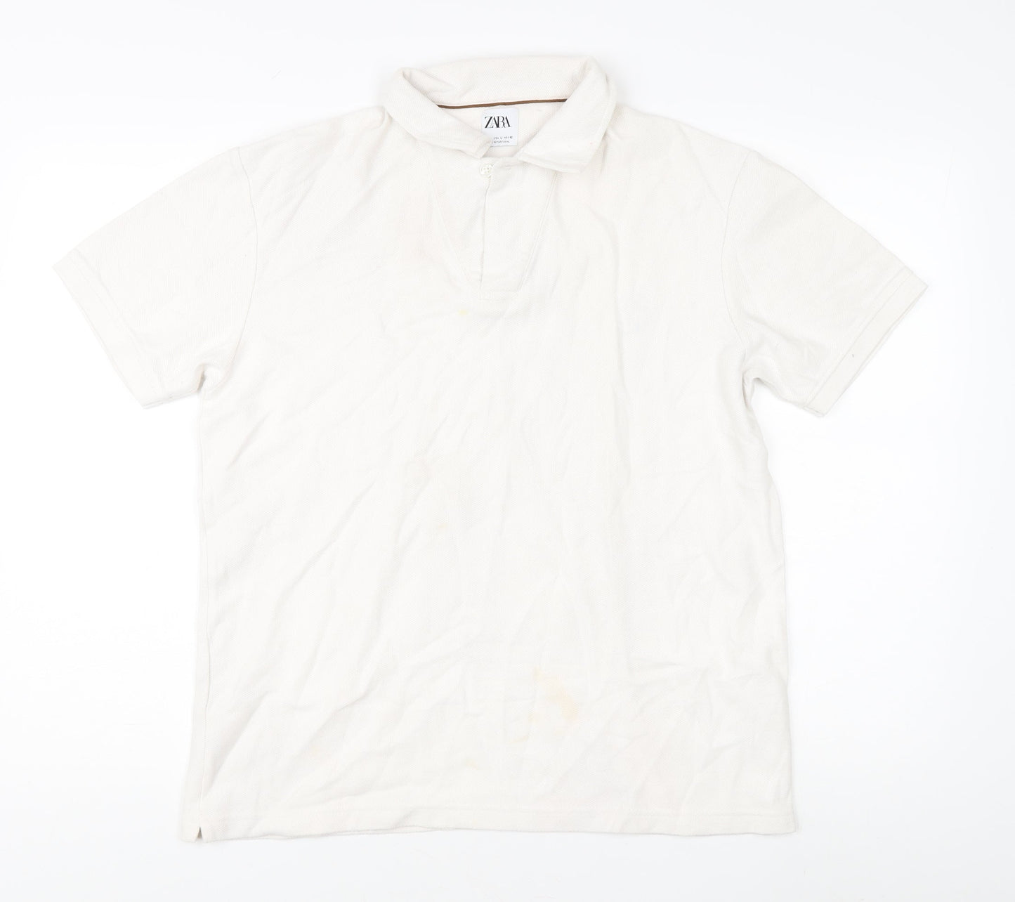 Zara Men's White Cotton Polo Shirt L Short Sleeve