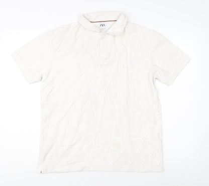 Zara Men's White Cotton Polo Shirt L Short Sleeve