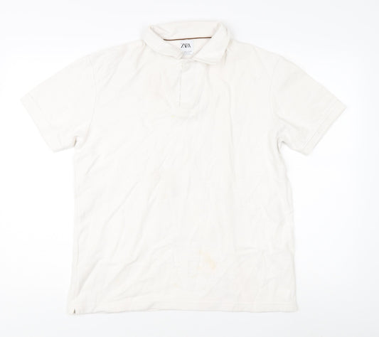 Zara Men's White Cotton Polo Shirt L Short Sleeve