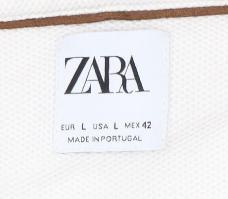 Zara Men's White Cotton Polo Shirt L Short Sleeve