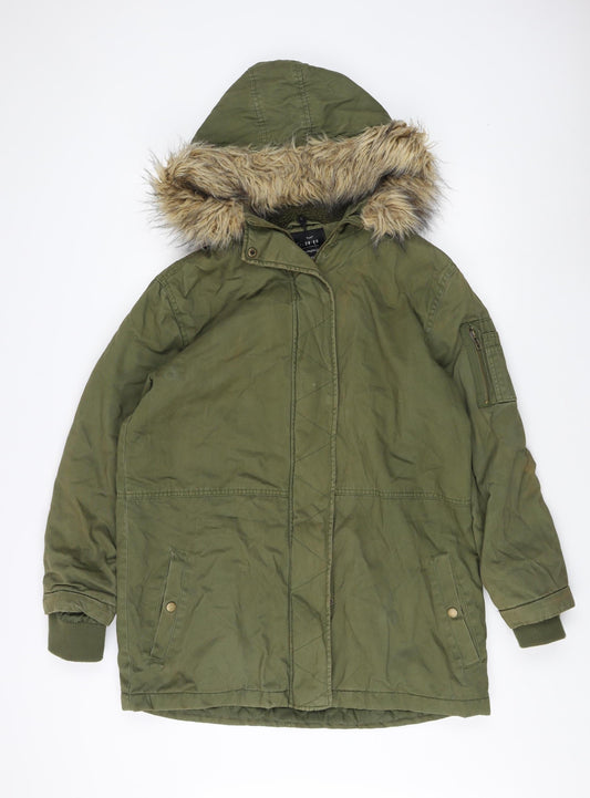 Cotton On Women's Green Fur Trim Parka Coat Size 12