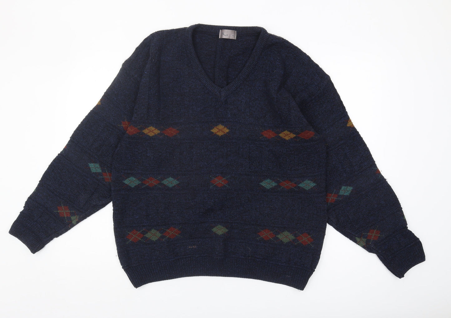 BHS Men's Blue Argyle V-Neck Pullover Jumper M