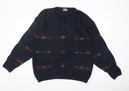 BHS Men's Blue Argyle V-Neck Pullover Jumper M