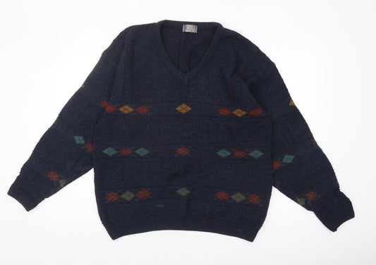 BHS Men's Blue Argyle V-Neck Pullover Jumper M