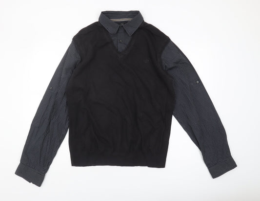 Next Men's Black V-Neck Jumper, Size L, Striped