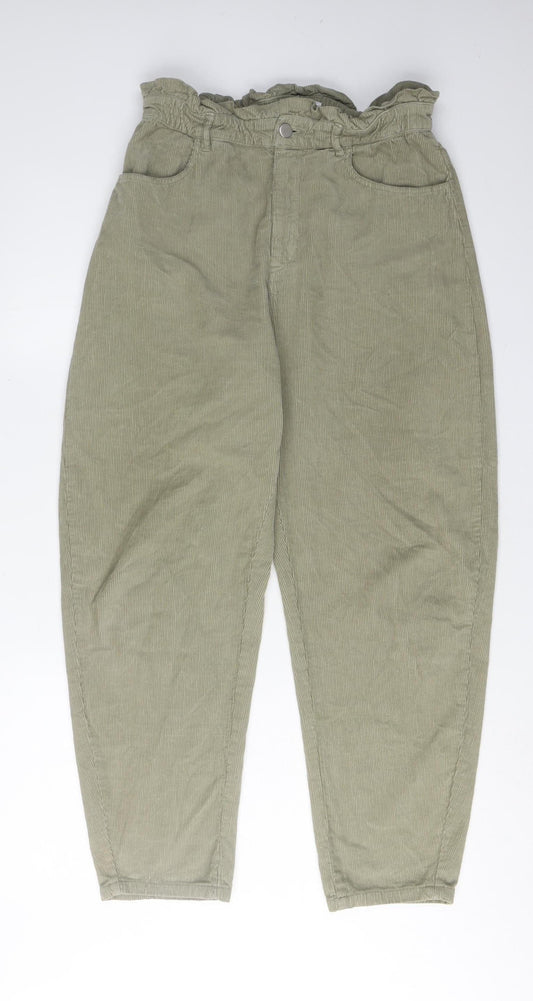 Womens UK Size 2 Zara Relaxed Fit Paperbag Green Trousers