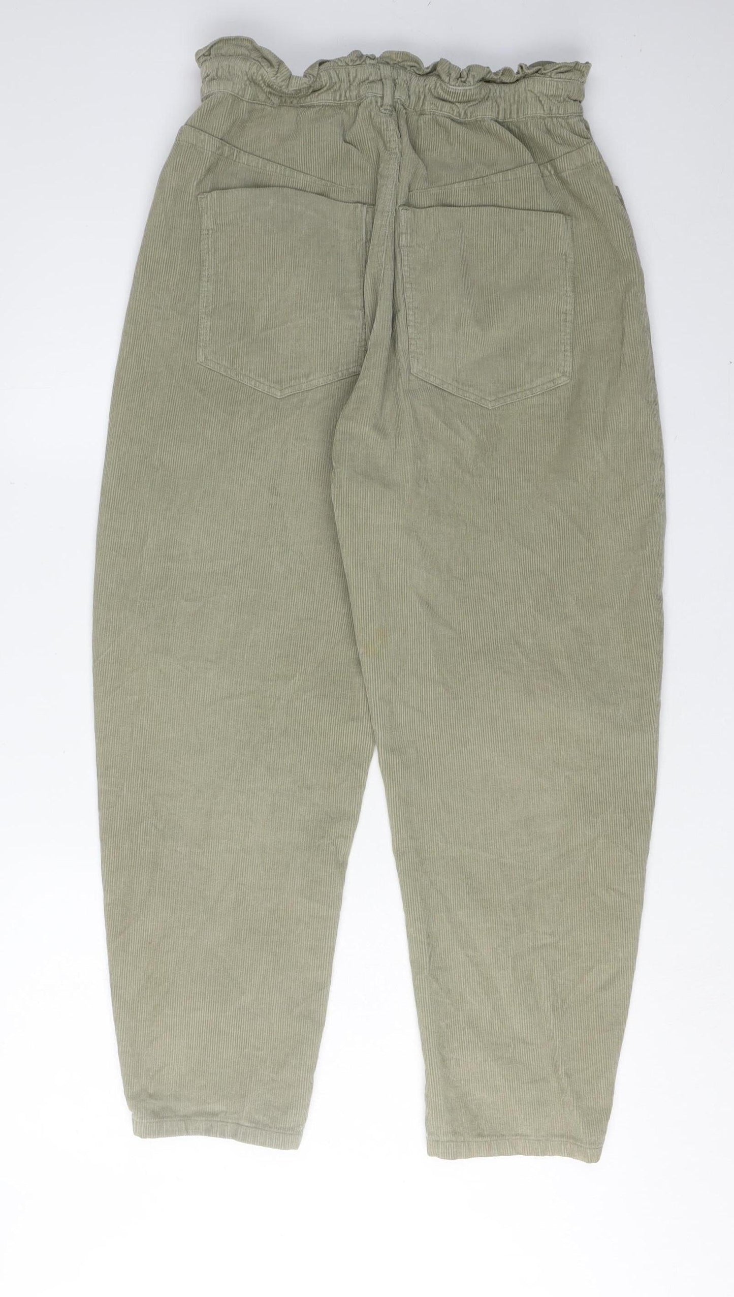 Womens UK Size 2 Zara Relaxed Fit Paperbag Green Trousers