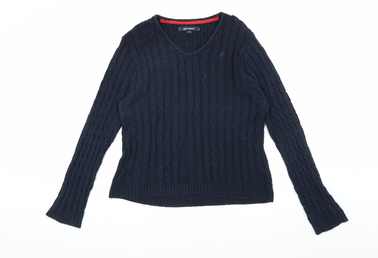 Kangol Women's Blue V-Neck Cable Knit Jumper Size 16