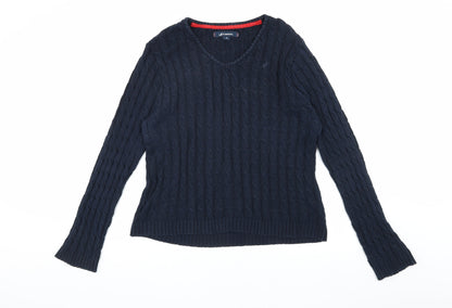 Kangol Women's Blue V-Neck Cable Knit Jumper Size 16
