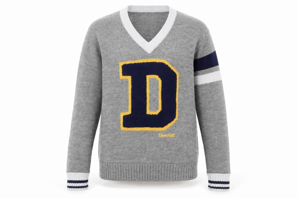 Front view of MK University unisex grey v-neck jumper m