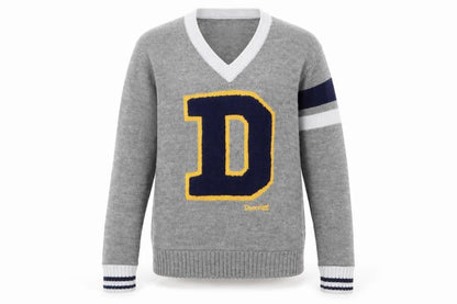 Front view of MK University unisex grey v-neck jumper m