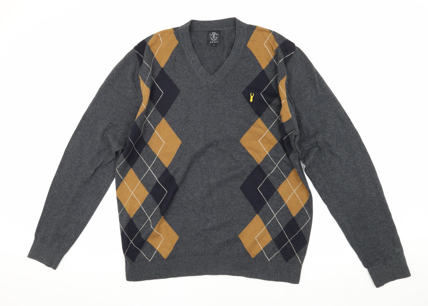Next Men's Grey Argyle Pullover Jumper, L, Cotton V-Neck