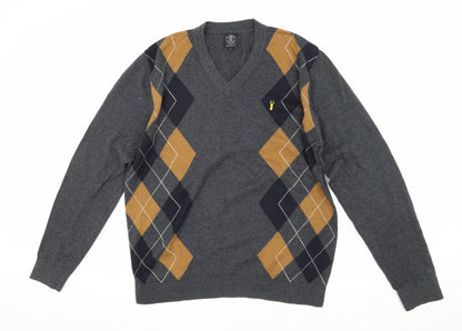 Next Men's Grey Argyle Pullover Jumper, L, Cotton V-Neck