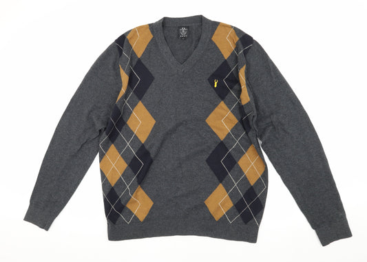 Next Men's Grey Argyle Pullover Jumper, L, Cotton V-Neck