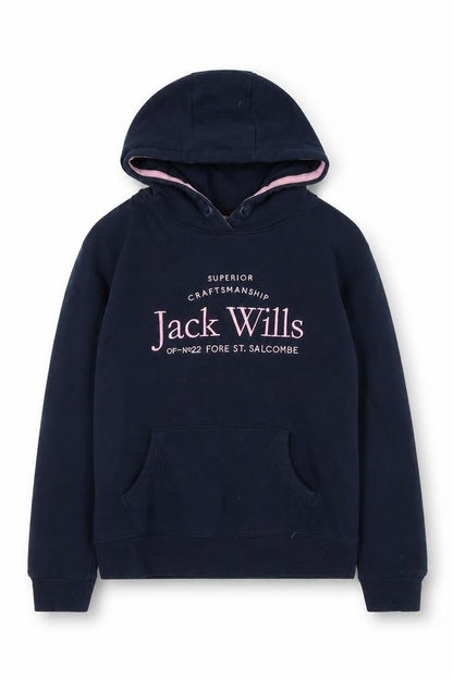 Front view of Jack Wills girls’ blue pullover hoodie 10-11 years