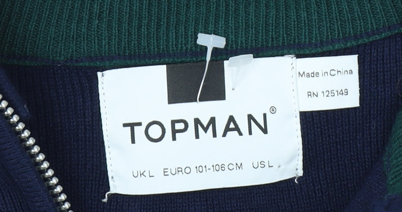 Topman Men's Blue Pullover Jumper, L, 1/4 Zip Knit