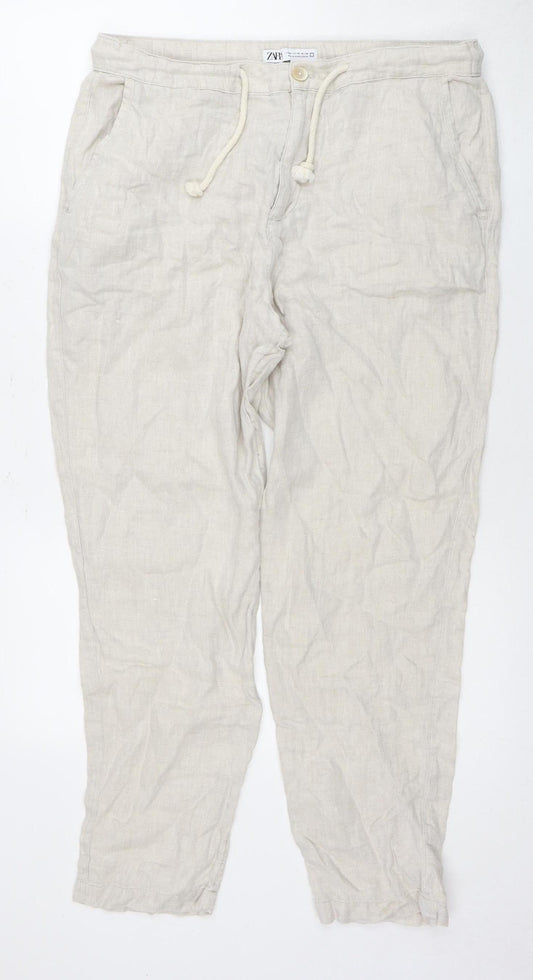 Womens UK Size 16 Zara Relaxed Fit Casual Beige Trousers