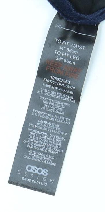 ASOS Men's Blue Trousers, Polyester Blend, Regular Fit 34"W 34"L