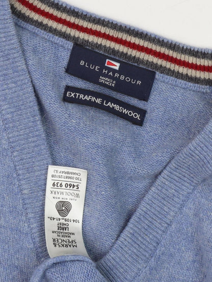 Men's Marks and Spencer Blue V-Neck Jumper, L, Wool, Autumn