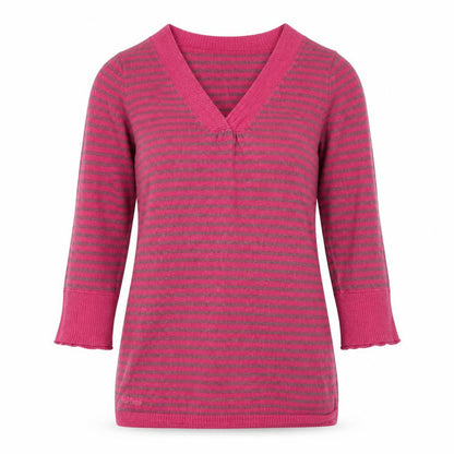 FatFace Women's Pink V-Neck Striped Pullover Jumper