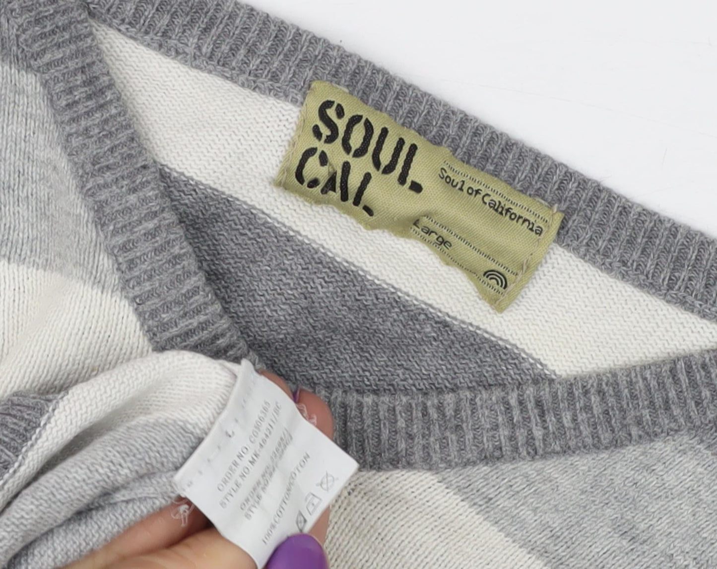 Soul Cal Men's Grey Striped Pullover Large