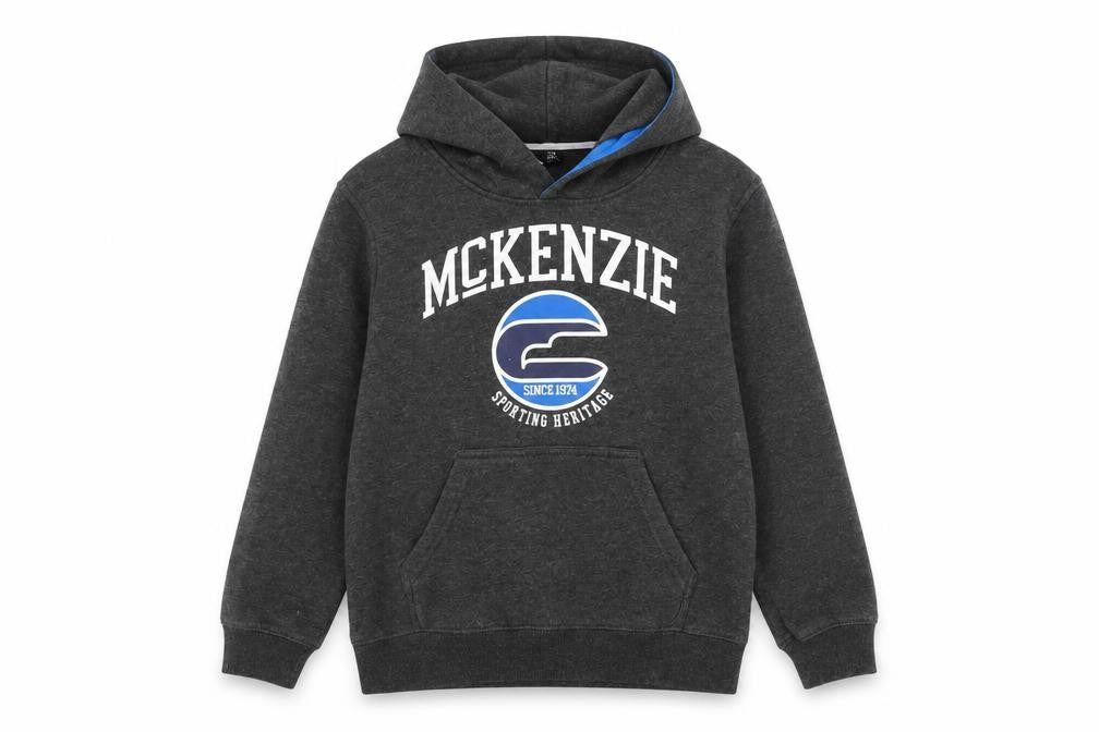 Front view of McKenzie boys’ grey pullover hoodie 7-8 years, logo accent