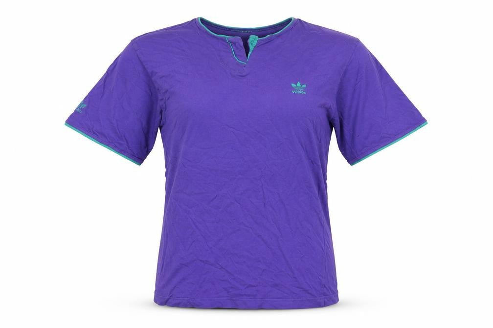 Front view of Adidas unisex purple henley t-shirt, size 12